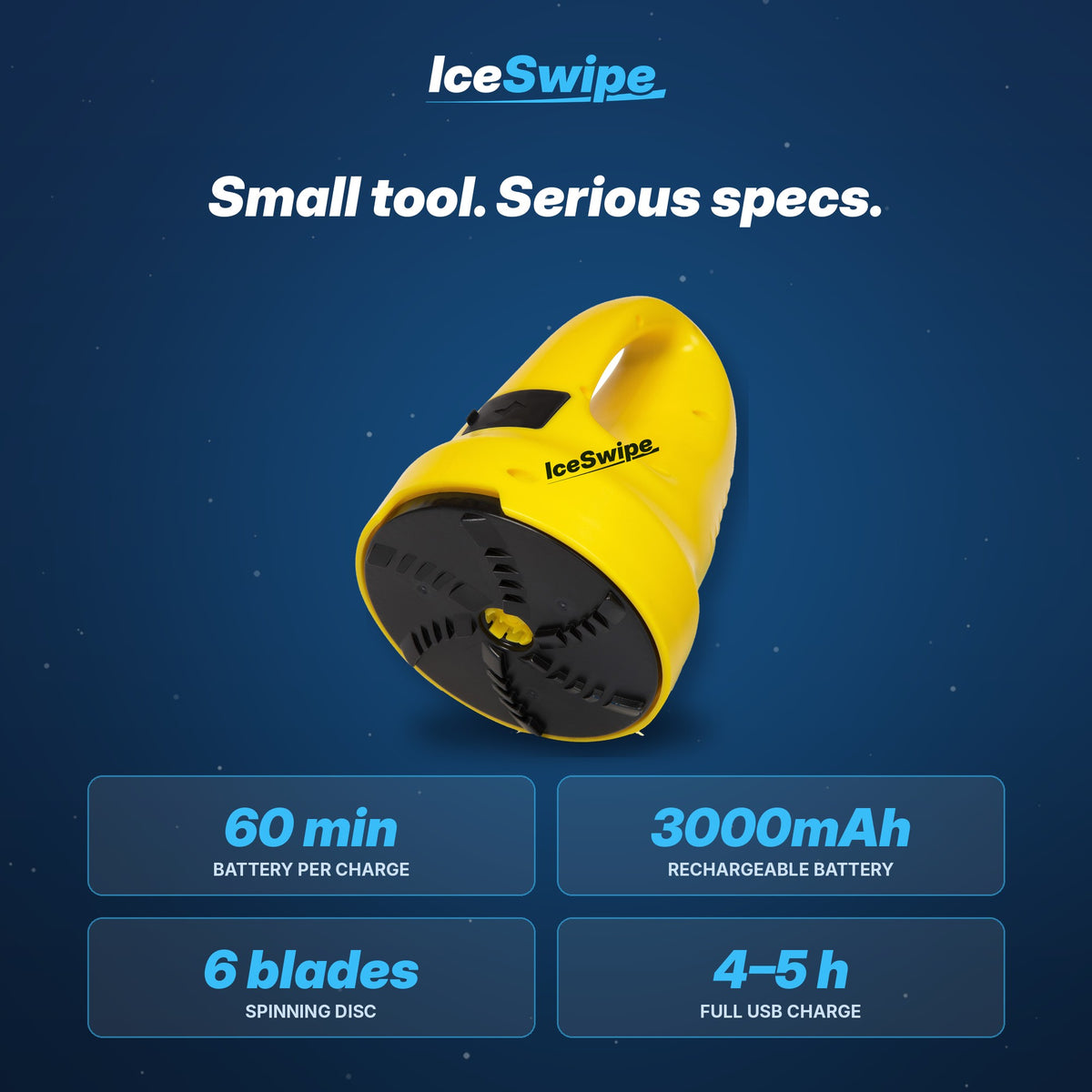 IceSwipe specs: 60 minutes, 3000mAh, 6 blades, 4-5 hour charge