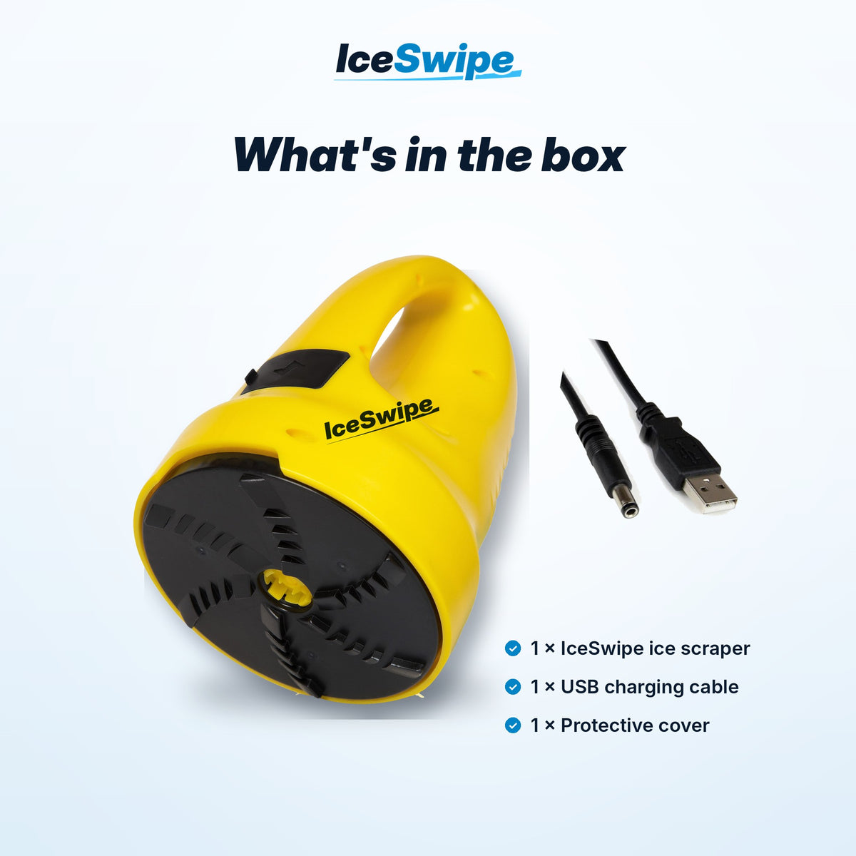 What's in the IceSwipe box: ice scraper, USB cable, protective cover