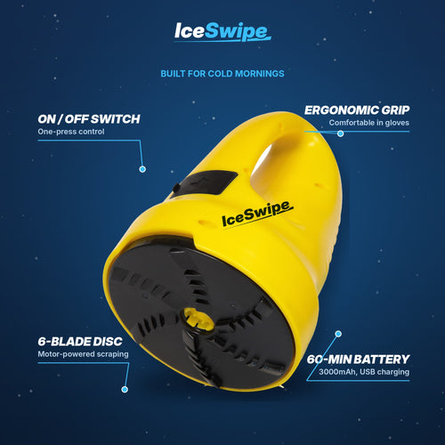 IceSwipe features: 6-blade disc, on/off switch, ergonomic grip, 60-minute battery